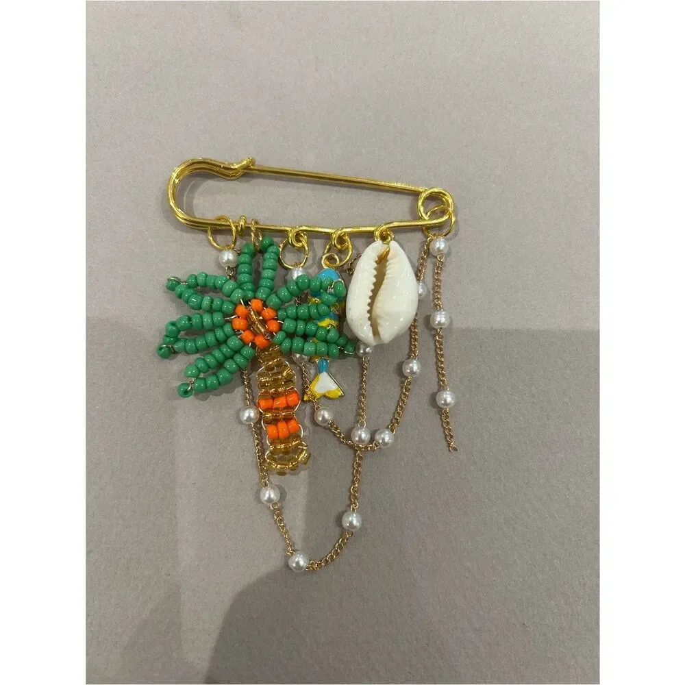 Green Beaded Palm Tree Brooch A1633